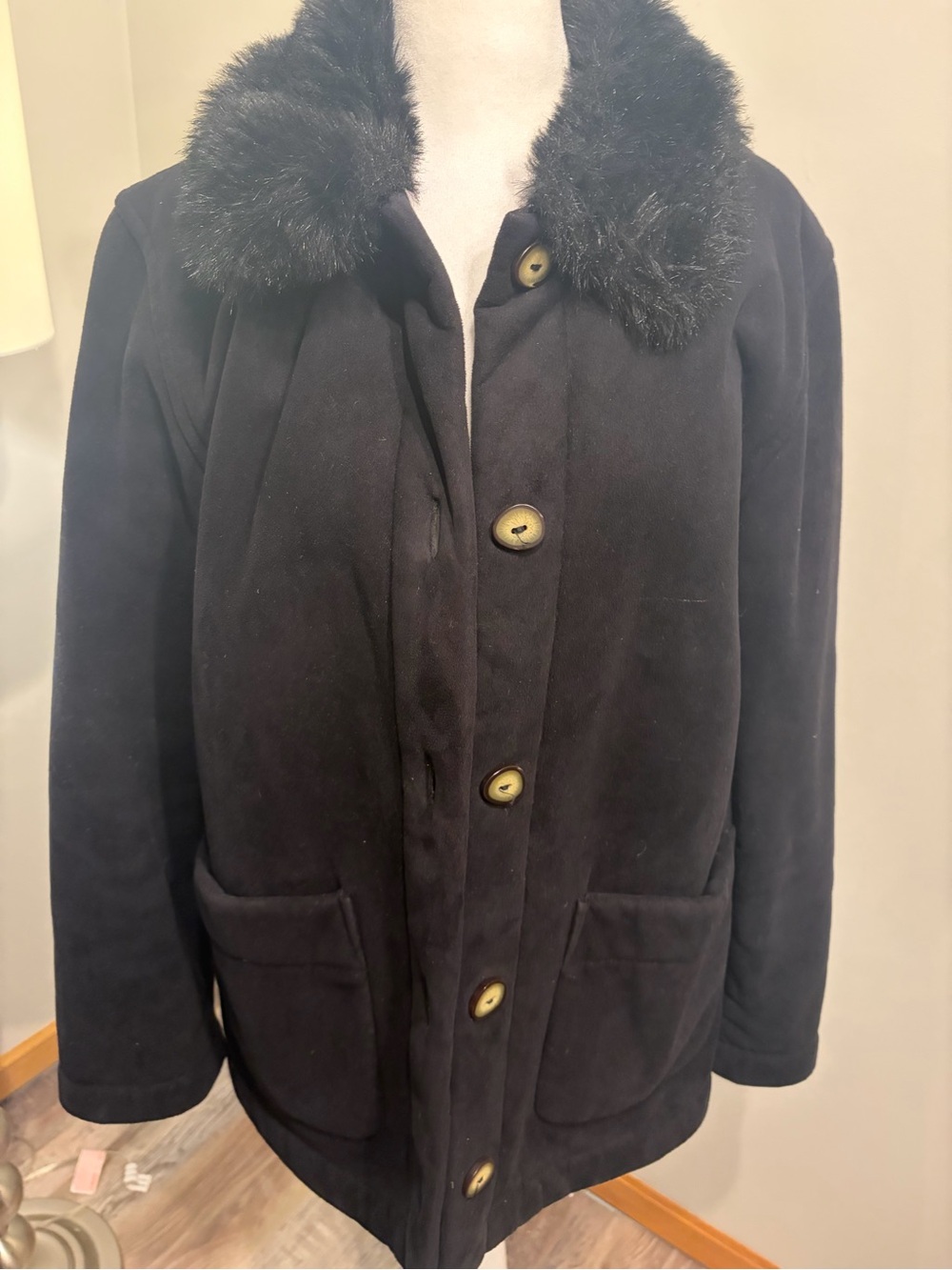 Vintage Black Pea Coat with Faux-Fur Collar